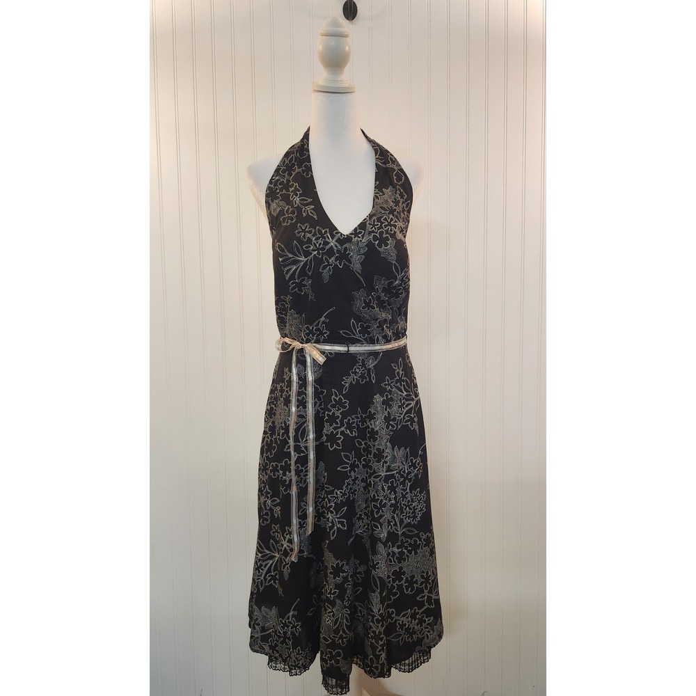 AGB Dress Womens‎ 14 Black Floral Halter Midi Dress Cotton Lace Trim Cocktail